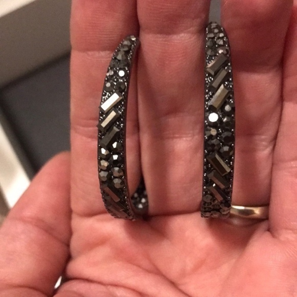 Dark gray rhinestone hoop earrings
